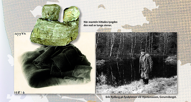 fotokollage. Foto av stenarna som tyngde ner manteln samt ett svartvit foto av Erik som var med när manteln hittades