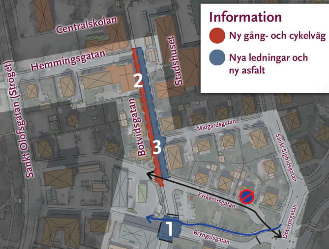 Kartbild över arbetsområdet för etapp 1. Korsningen Bryngelsgatan/Botvidsgatan avstängd. Biltrafik kommer ledas om från Bryngelsgatan till Kyrkerörsgatan. Gång- och cykeltrafikanter påverkas inte av arbetet i korsningen.