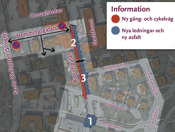 Karta över arbetsområdet för etapp 2. Hemmingsgatan får parkeringsförbud för att kunna öppna möjligheten till dubbelriktad trafik. Detta för att boende i området ska kunna tas in och ut från fastigheterna.