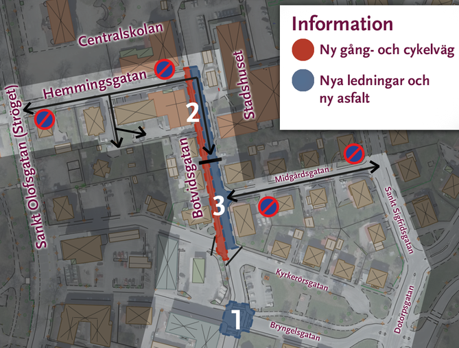 Karta över arbetsområdet. I tredje etappen är Botvidsgatan avstängd för biltrafik mellan Botvidsgatan 22/23 och söderut till Midgårdsgatan. Midgårdsgatan öppnas upp för dubbelriktad trafik och det införs parkeringsförbud under byggarbetstiden.